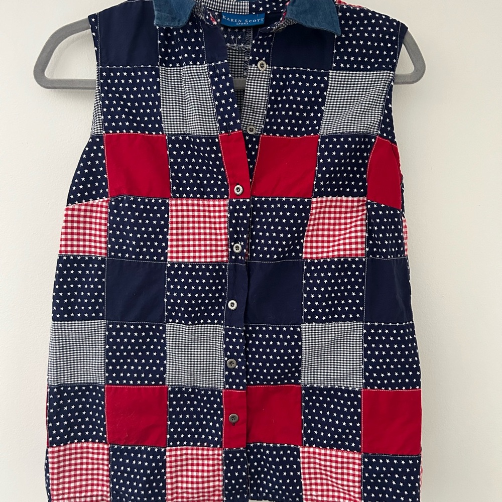 Karen Scott Sport Checkered Button Down Shirt - Red and Blue Patriotic